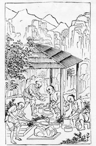 Realizzazione di casse di argilla grezza per contenere la porcellana nel forno, da una serie di illustrazioni sulla fabbricazione della porcellana da Chinese School