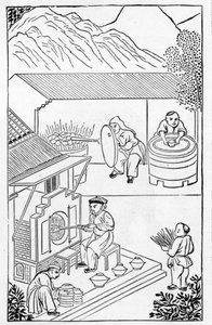 Apertura e chiusura dei forni, da una serie di illustrazioni sulla fabbricazione della porcellana da Chinese School