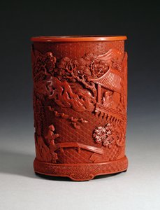 Portapennelli rosso modellato, raffigurante il famoso calligrafo Wang Hsi-chih (c.307-365 d.C.) seduto nel suo rifugio nel padiglione, guardando le oche in uno stagno e un ragazzo che attraversa un ponte, dinastia Ching, periodo Qianlong