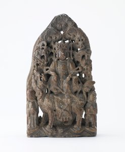 Piccola tavoletta in pietra saponaria, con rilievo traforato di Manjusri su leone, Periodo delle Divisioni, 543 d.C.