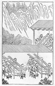 Studio di pittori in smalto, da una serie di illustrazioni sulla fabbricazione della porcellana da Chinese School
