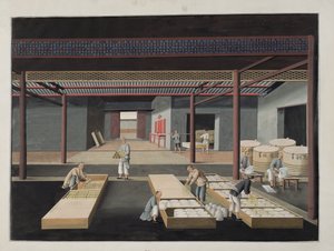 Imballaggio e confezionamento di ciotole e piatti, tavola 12 di una serie di dodici che descrivono il processo di fabbricazione della porcellana cinese, XIX secolo da Chinese School