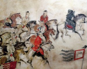 Tomba del Principe Zhanghuai, scena di caccia con cavalli, Xian, periodo Han, 706 (murale)