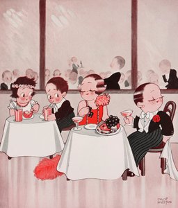 Topi di città e topi di campagna, cittadini raffinati contro compaesani non raffinati, scena di un ristorante, disegno di Chloe Preston (1887-1969) da The Tatler, n. 1384, 4 gennaio da Chloe Preston