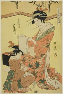 Bellezze che Parodiano i Sette Saggi - Una Selezione di Giovani Cortigiane (Shichi kenjin yatsushi bijin shinzo zoroe): Kumegawa dell