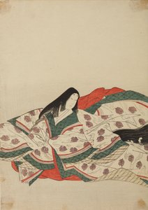 Dama di corte in kimono bianco con motivo di anatroccoli sull