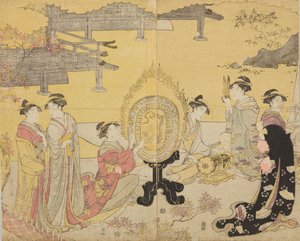 Gruppo di donne con strumenti musicali, dalla serie Furyu yatsushi Genji da Chobunsai Eishi