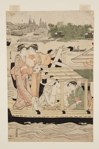 Barche da piacere sul fiume Sumida sotto il ponte Shin-ohashi da Chobunsai Eishi