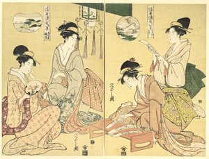 Evocatore di spiriti; oche selvatiche che ritornano a casa (Maboroshi; Rakugan) (a destra) e un sottile velo di nuvole; tempo che si rasserena (Usugumo; Seiran) (a sinistra), dalla serie Otto vedute del Racconto di Genji nel mondo fluttuante (Ukiyo Genji da Chobunsai Eishi