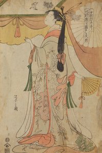 Ragazza in piedi con ventaglio, dalla serie: Elogio delle ragazze del quartiere dei piaceri di Kitano / Kitano kaku no gaku da Chobunsai Eishi
