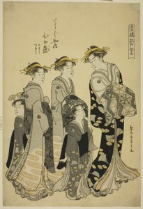 La cortigiana Hinazuru del Chojiya con i suoi attendenti, dalla serie "Porpora di Edo nei quartieri del piacere (Seiro Edo murasaki)"