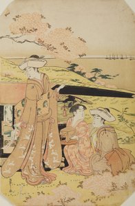 Tre dame presso una portantina da Chobunsai Eishi