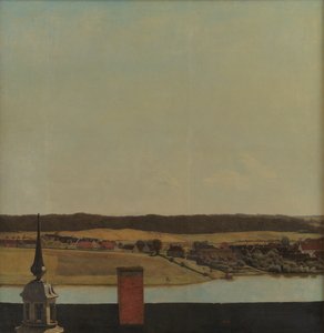 Cresta del tetto del Castello di Frederiksborg con vista sul lago, città e foresta da Christen Købke