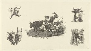 Tre capre con teste di mucche e asini ai lati da Christiaan Godfried Schutze van Houten