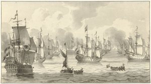 Veduta marina con flotta da guerra da Christiaan Josi