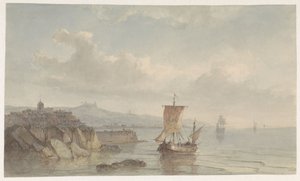 Paesaggio costiero con porto e navi sull