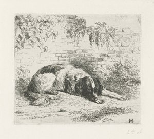 Cane sdraiato davanti a un muretto da Christiaan Wilhelmus Moorrees