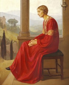 Una donna in un vestito rosso seduta su una terrazza in un paesaggio italiano da Christian Bang