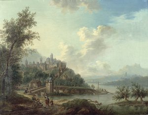 Vista del Reno con un Ponte e Figure in primo piano e una Città Fortificata su una Collina oltre