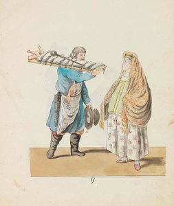 Macellaio con maiale sul tavolo e donna mercante, dalla serie San Pietroburgo, 1799 da Christian Gottfried Heinrich Geissler