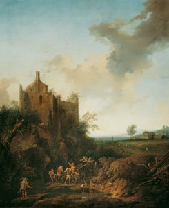 Paesaggio con rovine del castello e carrozza