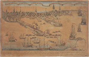 Veduta di una parte della città di Boston nel New England e delle navi da guerra britanniche che sbarcano le loro truppe! da Christian Remick