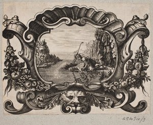 Emblema con pastore che si specchia in un lago