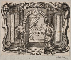 Emblema con portale, uomo e donna, amorino e due cuori ardenti da Christian Rothgiesser