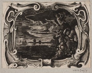 Emblema con satiri raccolti sotto un albero di notte