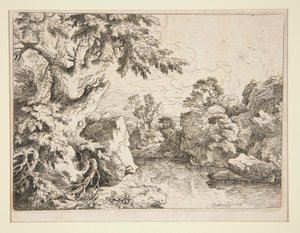 Paesaggio con stagno bordato da rocce e alberi da Christian Wilhelm Ernst Dietrich