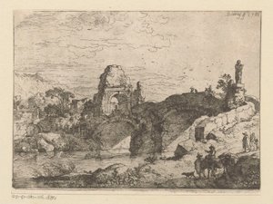 Paesaggio con la rovina di un portale accanto a un ponte in rovina da Christian Wilhelm Ernst Dietrich
