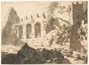 Paesaggio con rovine e una piramide