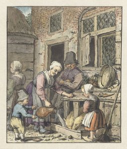 Famiglia di contadini che nutre i maiali