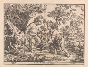 Bambino Gesù e Giovanni Battista che giocano con l