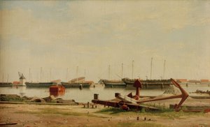 Vista su Nyholm con gru e navi da guerra da Christoffer Wilhelm Eckersberg