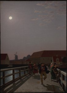 Langebro, Copenaghen, al chiaro di luna con figure in corsa da Christoffer Wilhelm Eckersberg