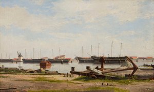 Lotto di Nyholm con la gru e alcune navi da guerra da Christoffer Wilhelm Eckersberg