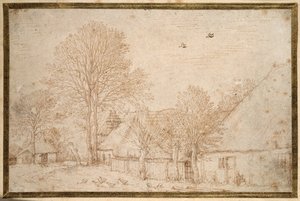 Edifici di paglia, alberi quasi spogli e uno stormo di oche da Kosma Sergejewitsch Petrow Wodkin