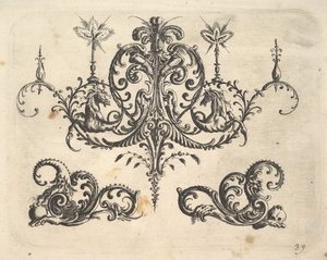 Un lampadario fantastico con candele accese e arabeschi, alcuni terminanti in cavalli fantastici..., 1610 da Christoph Jamnitzer