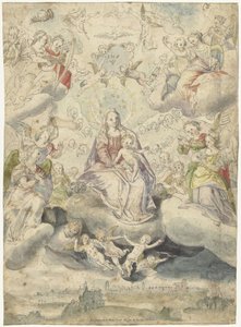 Maria e bambino tra le nuvole con angeli e cherubini da Christoph Schwarz