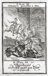 Dio spaventa Eliodoro in un tempio, 2 Maccabei (3:21-28), 1695 da Christoph Weigel