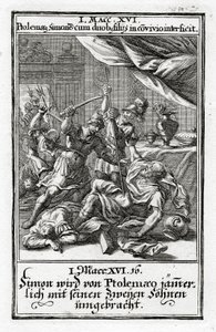 Simone e i suoi due figli uccisi da Tolomeo. 1 Maccabei 14:16, 1695 da Christoph Weigel