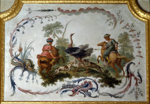 Caccia agli struzzi, pannello del grande salone del castello di campi su marl. Decorazione murale dipinta da Christophe Huet da Christophe Huet