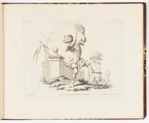Tavola 10, Le Tambour de Basque (Il Tamburello), Singeries ou différentes actions de la vie humaine représentées par des singes (Buffonate o diverse azioni della vita umana rappresentate da scimmie) da Christophe Huet