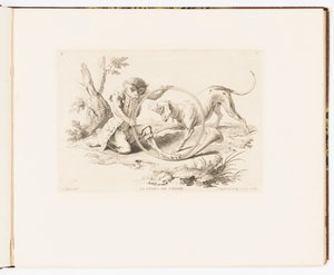 Tavola 2, Le Corps de Chasse (Il corno da caccia), Singeries ou différentes actions de la vie humaine représentées par des singes (Buffonate o diverse azioni della vita umana rappresentate da scimmie) da Christophe Huet