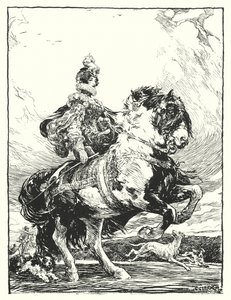 Donna in costume Tudor a caccia a cavallo (litografia) da Christopher (after) Clark