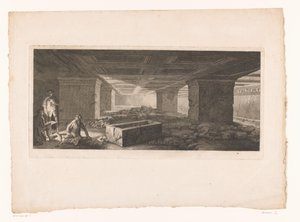 Tomba etrusca a Tarquinia con a sinistra un disegnatore illuminato da una torcia