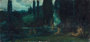 Donne che fanno il bagno la sera in un paesaggio meridionale da Circle of Arnold Böcklin