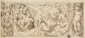 Progetto di fregio decorativo con Giuseppe che interpreta il sogno ai fratelli da Circle of Giovanni Battista Castello