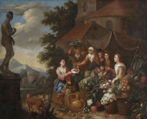 Vendere ortaggi e fiori in una bancarella del mercato italiano. da Circle of Norbert van Bloemen